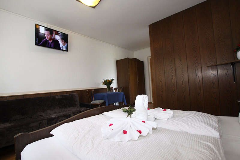 Doppelbettzimmer mit Holzvertäfelung und Fernseher